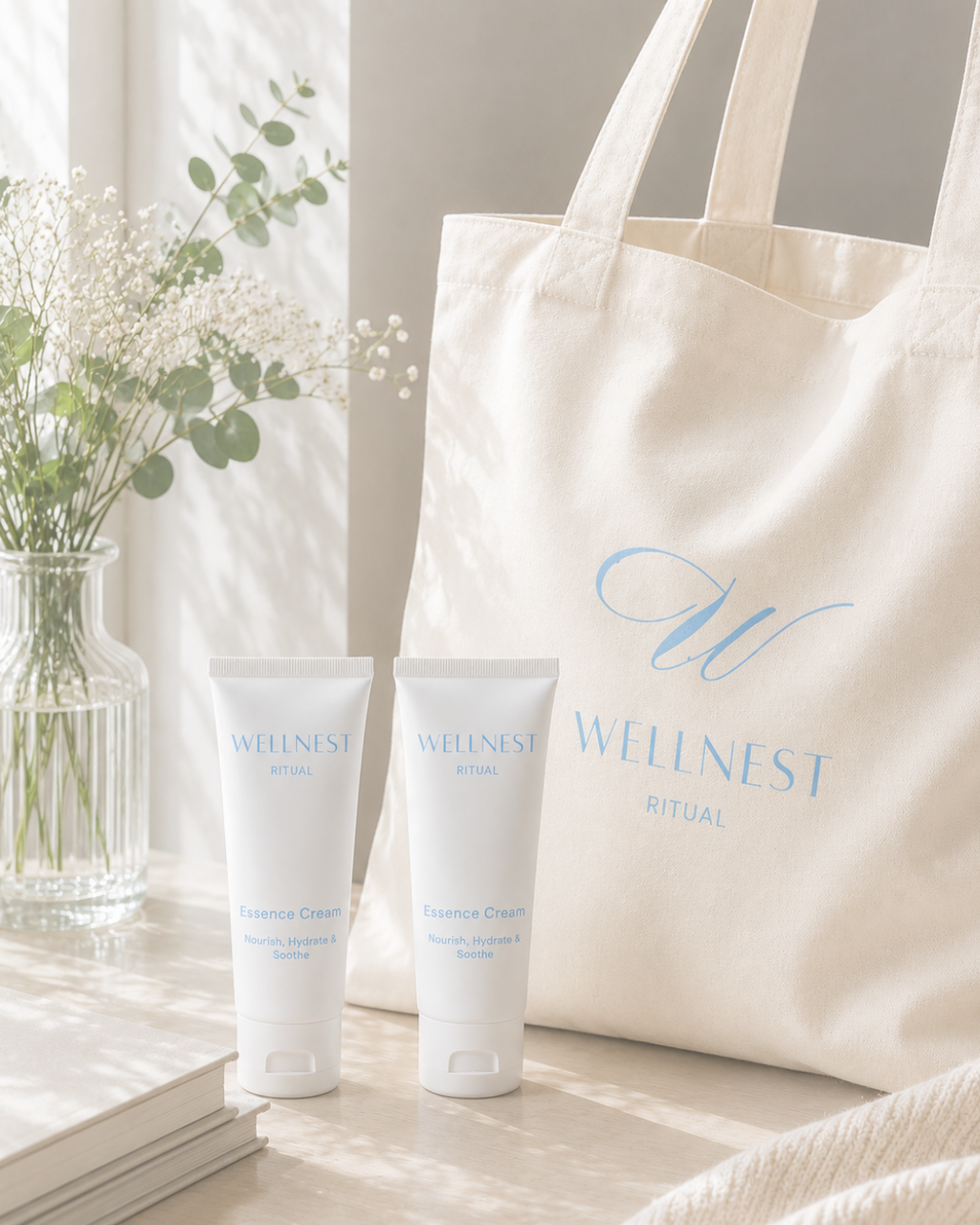 Two bottles of 'Wellness Ritual' cream on a wooden surface with a tote bag and flowers in the background.