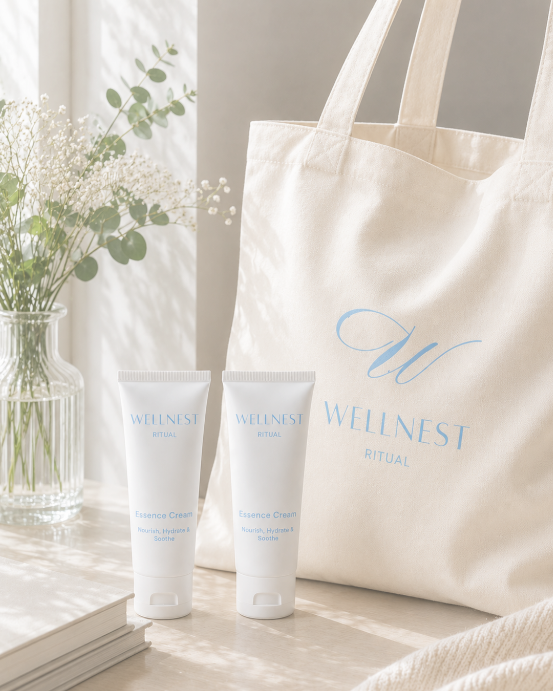 Two bottles of 'Wellness Ritual' cream on a wooden surface with a tote bag and flowers in the background.
