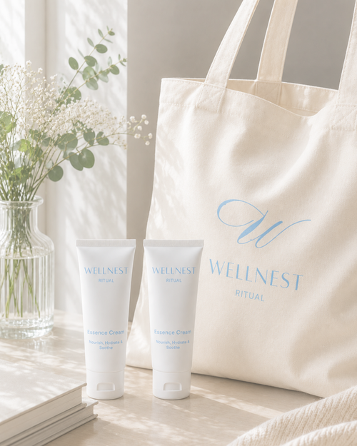 Two bottles of 'Wellness Ritual' cream on a wooden surface with a tote bag and flowers in the background.